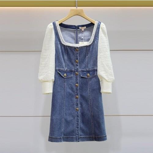 2021 spring new lace square neck mesh long sleeve stitching washed denim dress womens n10b3802
