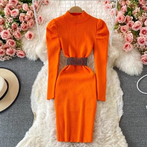 SINGREINY Women Elastic Knitted Dress Retro Puff Sleeve Stand Collar Pencil Dresses Autumn Winter Korean Bodycon Sweater Dress