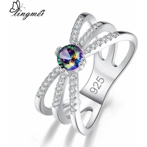 Lingmei Dropshipping Hollow-out Cocktail New Multi & White Cubic Zircon Cross Jewelry Silver Color Ring Size 6-9 For Women