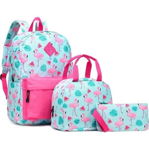 3pcs/set Girls Pink Flamingo Backpack with Lunch Box Pencil Case Women Outdoor Shoulders Bags for Student Large Canvas Schoolbag