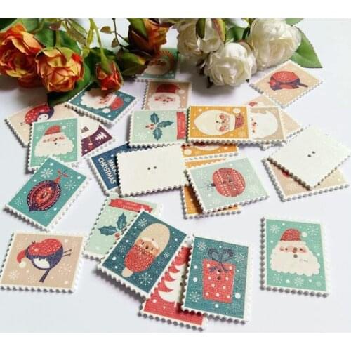 30PCS 30*38MM Christmas Stamp Wood Buttons 2 Holes Stamp Shape Christmas Button for DIY Decorative