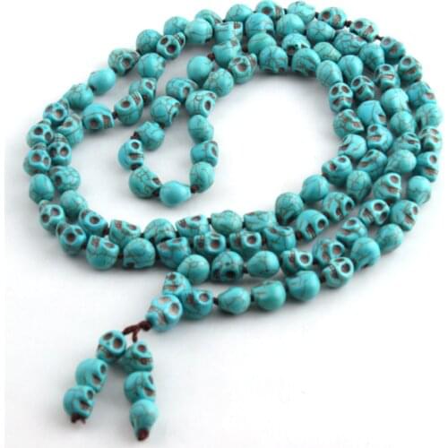 Free Shipping Bohemian Jewelry Blue Long Knotted Tibetan Buddhism 108 bone Skull Heads Prayer Bead Mala Necklace