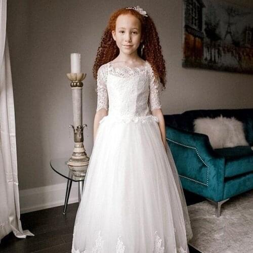Flower Girl Dresses for Weddings Lace applique Gown First Communion Dresses for Little Girls Pageant Gowns