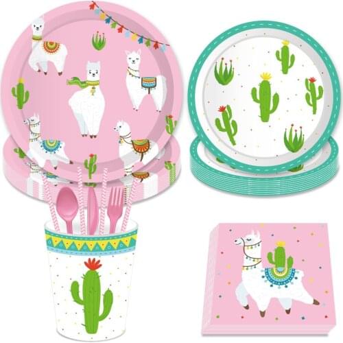 Baby Shower Kawaii Alpaca Cactus Party Decorations Disposable Dinner Plates Napkins Cups Tableware Sets Birthday Party Favors