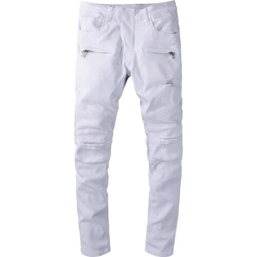 Mens White Stretch Denim Biker Jeans Motorcycle Streetwear Slim Fit Holes Ripped Pants Trousers High Quality Classic Pants 1095