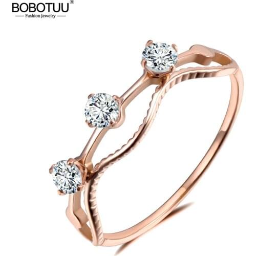 BOBOTUU Sparkling Design 3pcs CZ Crystal Anniversary Rings Jewelry For Women Girl Rose Gold Stainless Steel Accessories BR19067
