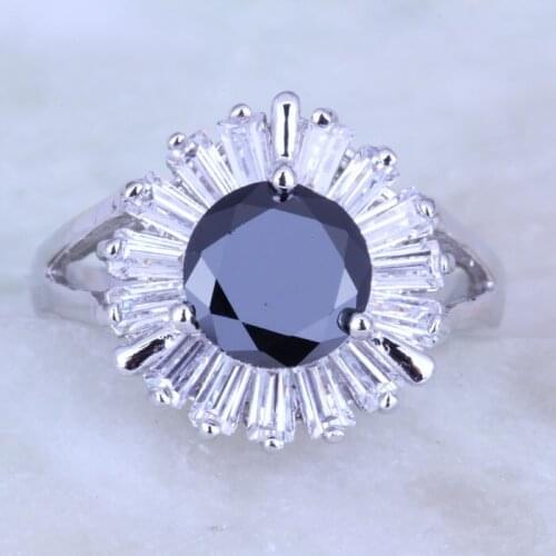 Love Monologue Atmosphere Sunflower Black imitation Onyx White Cubic Zirconia Silver Color Rings for Womens J0421 Size 6/7/8