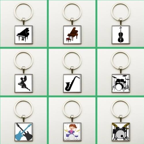 Fashion Vintage Music Lovers Keychain Pendant Bag Jewelry Cute Drum Guitar Glass Square Pendant Concert Key Ring DIY Handmade