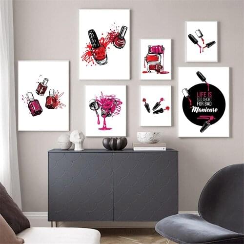 Fashion Red Pink Nail Polish Wall Art Poster Makeup Art Print Quotes Canvas Painting Modern Pictures Women Bedroom Home Decor