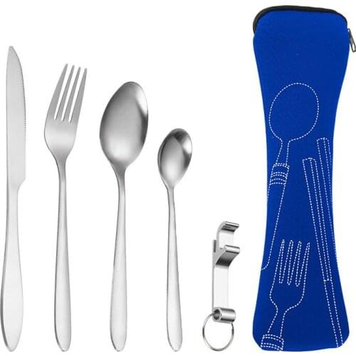 5pcs Set Dinnerware Portable Printed Stainless Fork Steak Knife Set Travel Cutlery Tableware With Bag Knife Fork Spoon Set