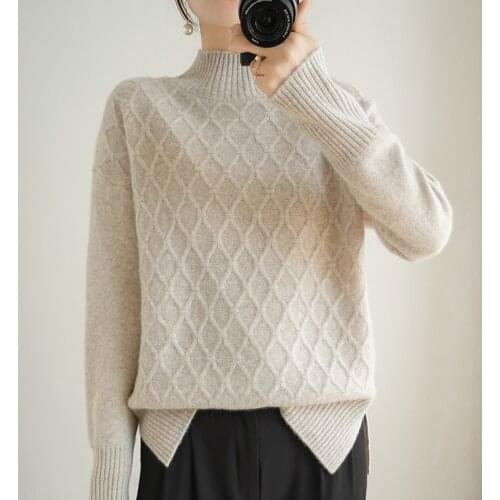 2021new style 100% wool ladies half high neck pullover sweater long sleeve pure color all-match casual cashmere base sweater