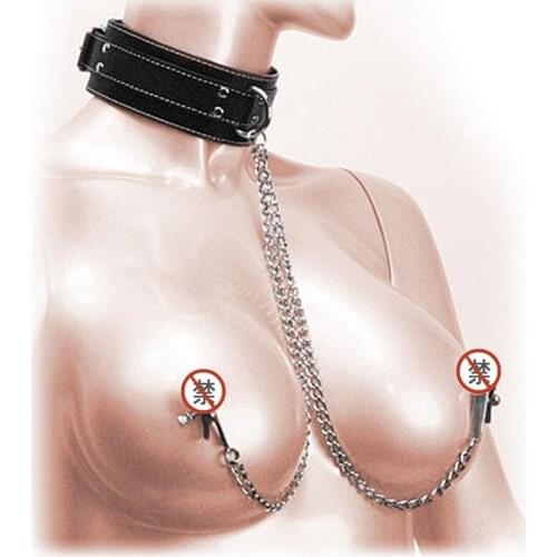 Faux Leather Choker Collar with Nipple Breast Clamp Clip Chain Couple SM Sex Toys for woman Funny and interesting Adult games