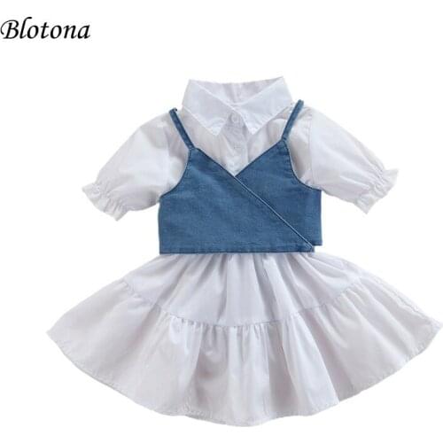 Blotona Baby Girls Short Sleeve Shirt Dress+Denim Vest, Summer Simple Style Adjustable Bandage with Ruffle Decoration, 1-6Years
