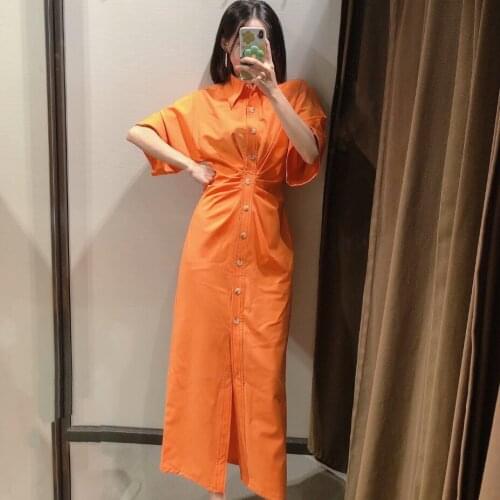 Temperament Lapel Dress Womens 2021 Summer New Solid Color Personalized Pleated Shirt Dress Dresses Women