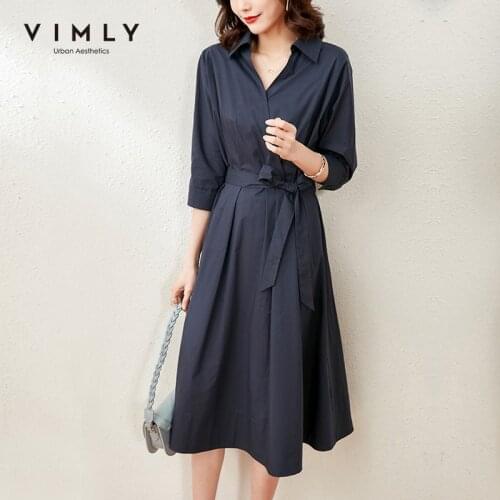 Vimly Dress For Women Spring Summer New Fashion Cotton Solid Vneck High Waist Aline Calf-length Offical Lady Female Dress F6363