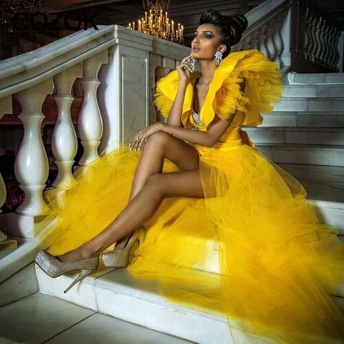 Puffy Prom Dresses vestido de fiesta Cap Sleeve Ruffle Tulle Detachable Skirt Robe De Soiree Yellow Prom Gown