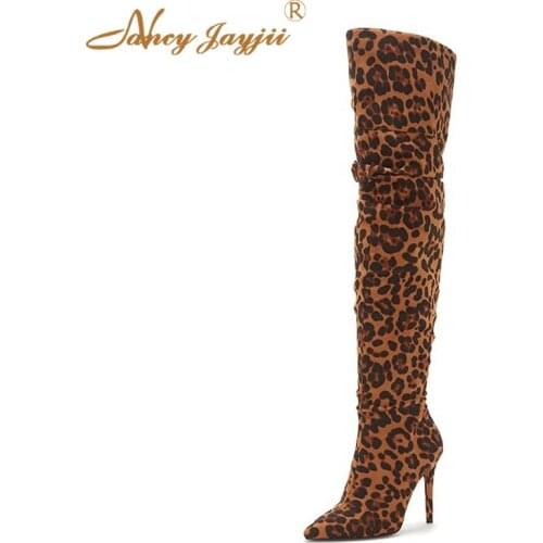Leapard Over the Knee Tall Pointed Toe Stiletto Flock Long Heel Boots Party Sexy Women Shoes Winter Plus Size 15 16 NANCYJAYJII