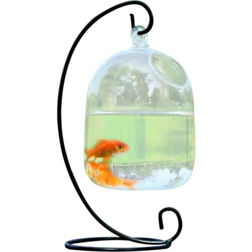Glass Bottle Fish Tank Bowl With Stand Mini Aquarium Crystal Clear Black Wrought Iron Bracket Home Decoration Ornaments