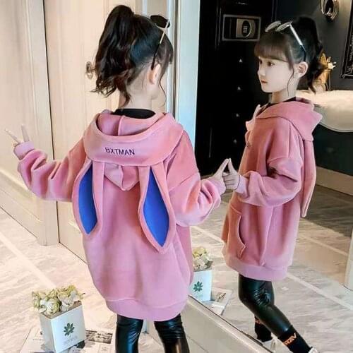 Girls' Sweater And Fleece Hooded Mid-length Coat, Womens Spring And Autumn Clothes, New Thick Rabbit Ears