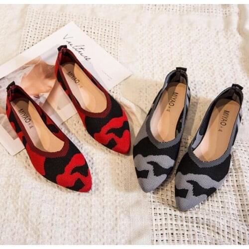 2020 NEW Women Camouflage Slip on Flat Loafers Pointed Toe Shallow Ballet Flats Shoes Knitting Casual Flat Shoes Ballerina Flats