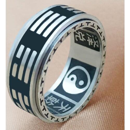 Vintage Chinese Tai Chi Kung Fu Mens Taoism Mantra Fidget Anti-stress Spinner Rings For Chinatown Men Rotatable Anxiety Ring