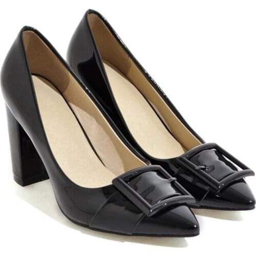 Plus Size 10 11 12 ladies high heels women shoes woman pumps Tip-top lacquered square buckled thick-heeled single shoes