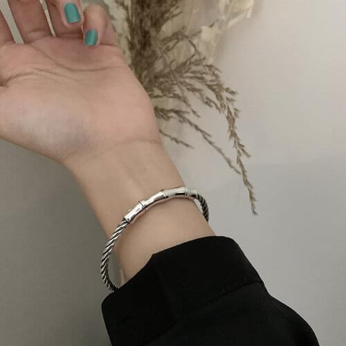 ANENJERY 925 Sterling Silver Woven Bamboo Bracelet for Women Retro Geometric Simple Open Cuff Bangle Gifts S-B501