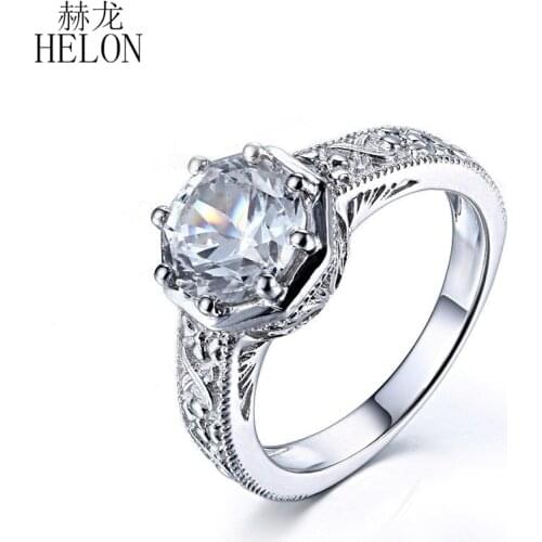 HELON Solid 14k White Gold Flawless Round 8mm Genuine White Topaz Engagement Wedding Ring Women Vintage Art Deco Fine Jewelry