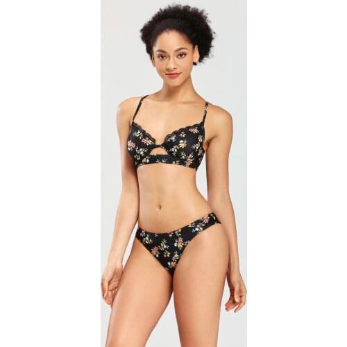 Real Shot European and American Cross-Border Female Split Low-Waisted Underwire Bikini and Splice Lace Printed Swimsuit