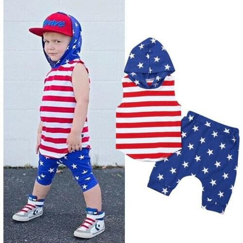 Independence Day Childrens Clothing European and American Boys Striped Star Vest Hooded T-shirt Shorts Two-piece Childrens Set