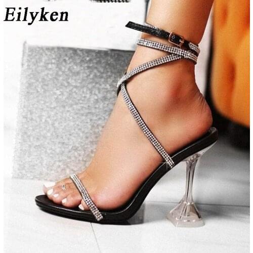 Eilyken Woman Open Toe Elegant High Heels Sandals Fashion Rhinestone Crystal Ankle Buckle Strap Ladies Transparent Heel Shoes
