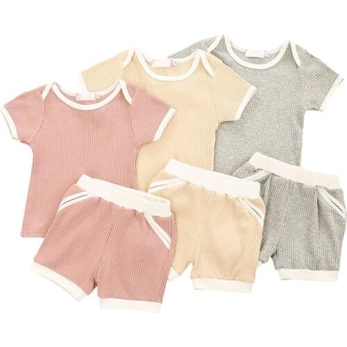 2 Pcs Newborn Ribbed Outfits Baby Color Block Short Sleeve Round Neck T-shirt + Shorts