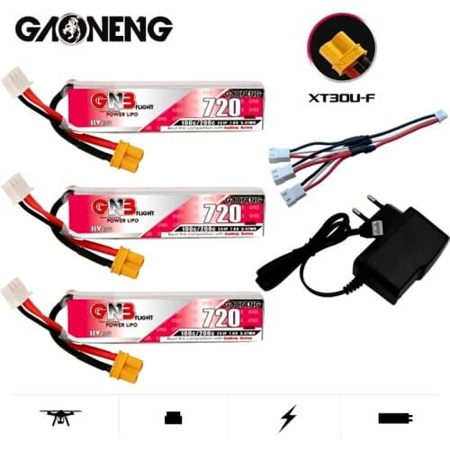 GAONENG GNB 7.6V 2S 720mAh 100C/200C HV XT30U-F Plug Lipo Battery + Charger for RC FPV Whoop Frame Kit Tinywhoop Racing Drone