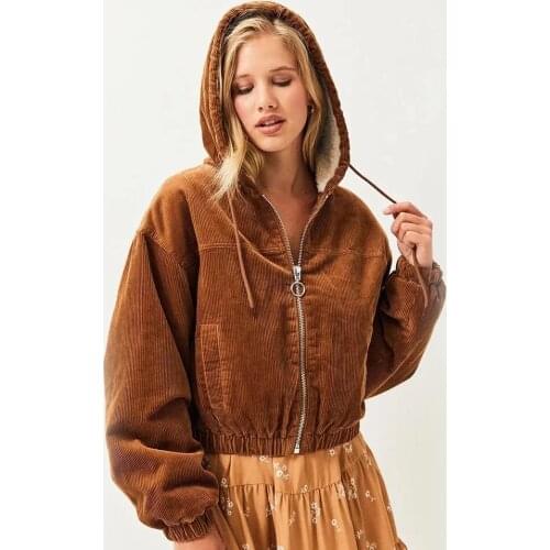 GypsyLady Brown Corduro Hoodies Jacket Coat Casual Vintage Slim Women Jacket Zipper Pocket Autumn Winter Warm Jackets Outwear