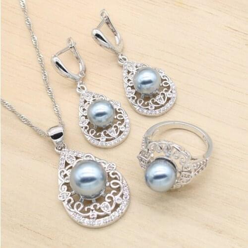 Exquisite Gray Pink Pearl Silver Color Jewelry Sets For Women Wedding White Cubic Zircon Earrings Pendant Necklace Ring 3PCS