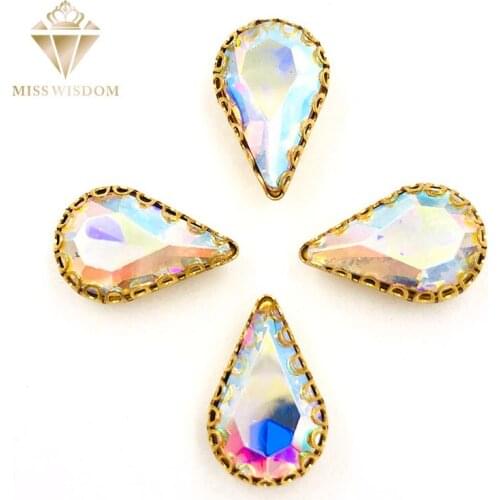 NEW arrive 8X13mm White AB teardrop sew on rhinestones gold base lacy claw glass crystal pear shape rhinestones Diy accessories
