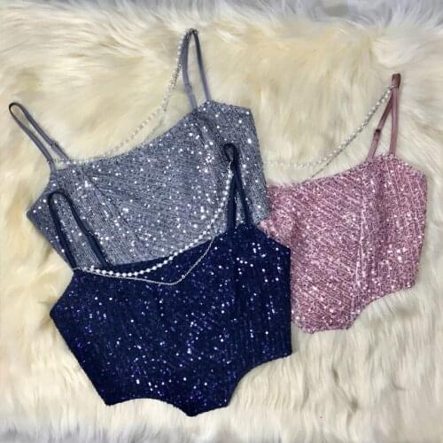 Pearls Chain Sequins Cami Crop Top New Fashion Sparkle Sexy Club Sequined Summer Women Corset Tops