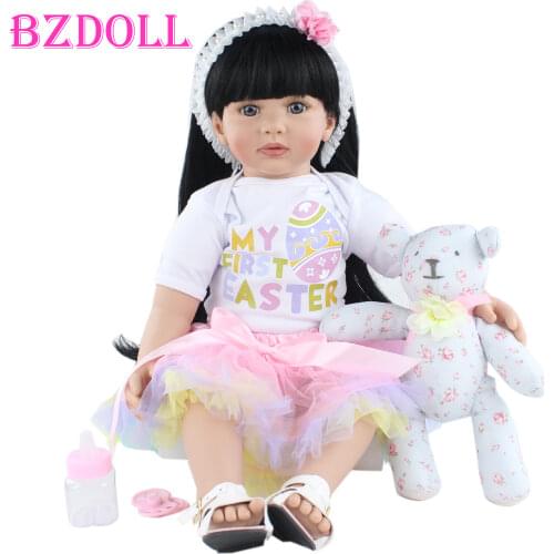 60cm Soft Silicone Reborn Baby Doll For Girl 24 Inch Black Long Hair Princess Toddler Kids Birthday Gift Play House Bedtime Toy
