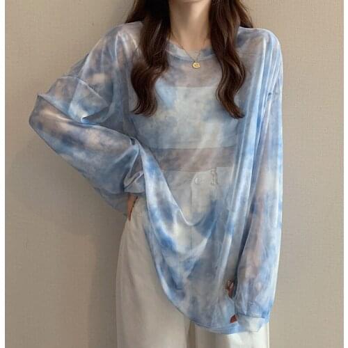 Summer Tie-dyed Mesh Sunscreen Top Women Ice Silk Thin See-Through Long Tees Long-Sleeve T-shirt Blouse Casual Oversized Tshirt