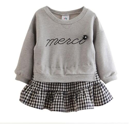 2018 Fashion Fake Two Pieces Girls Sweatshirt Letter Print Casual Children Clothing Black White Grid Splice Baby Girl Kids Tops