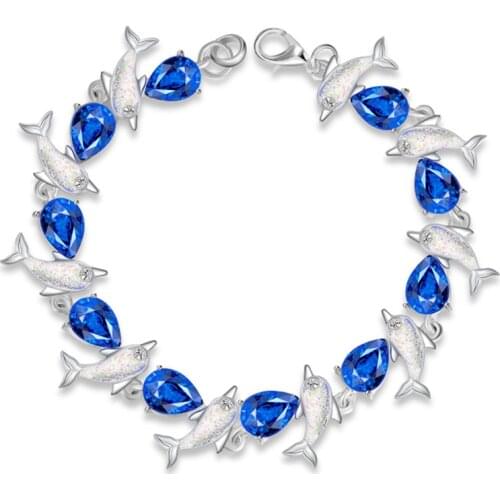 Charm Dolphin Water Droplets Blue Crystal Bracelets for Women Fashion Jewelry Lobster Copper Alloy Best Friend Gifts
