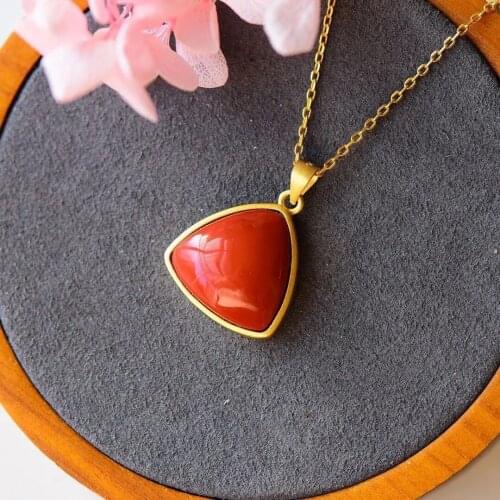 Natural Hetian Jade S925 Sterling Silver Inlaid Southern Red Agate Geometric round Egg Surface Simple Dignified Pendant Necklace