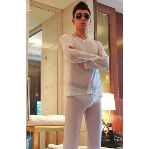 Sexy Men body slimming waist shaper Long Transparent Mens Pajamas Sexy Sheer Mesh Sleepwear shirts Pants Breathable Lingerie Set