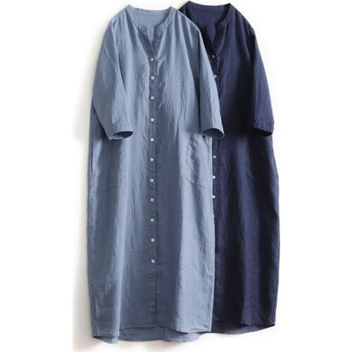 Pure linen extended full cardigan shirt dress stand collar V-neck seven sleeve dress 2021 Summer 236