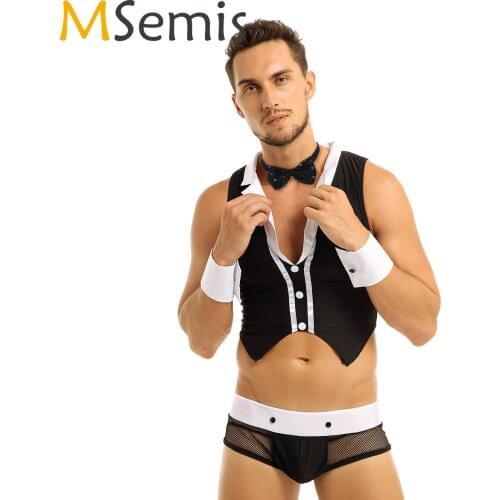 Sexy Cosplay Lingerie for Men Sissy Maid Roleplay Uniform Clubwear Fancy Servant Top Boxer Briefs with Collar Set Erotic Costume