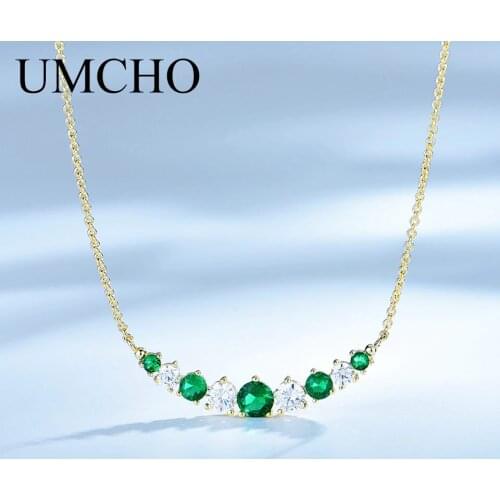 UMCHO Pure 925 Sterling Silver Chain Yellow Color Chain Created Emerald Necklace For Womn Mothers Day Gift Fine Jewelry