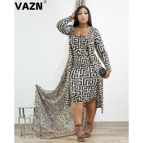 VAZN 2020 Hot Office High-end Plus Size Mature Vintage X-Long Full Sleeve Cloth Top Tank Midi Dress Slim Women 2 Piece Se