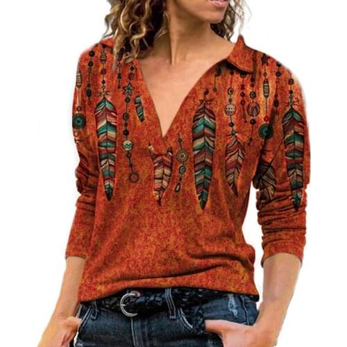 2021 Autumn Fashion Women T-Shirt Retro Printed Long Sleeve Turn-down Collar Plus Size Casual T-Shirts Streetwear