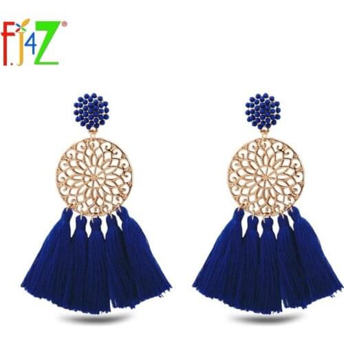 F.J4Z New Arrival Hot Female Noble Luxury Style Resin Blue Cotton Tassel Metal Dangle Earrings For Ceremony Party Show Bijoux