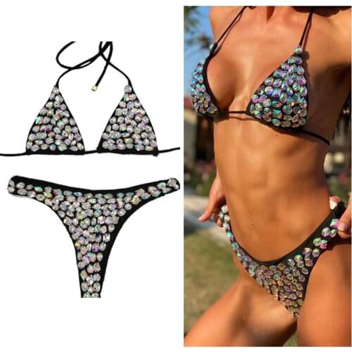Wholesale Stock Girls AB Daimond Handmade Two Piece Luxury Rhinestone Sexy Bikinis Woman Swimwear
